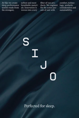 Promotional image for Sijo bedding company, showcasing a draped textile with the company name and tagline 'Perfected for sleep.'
