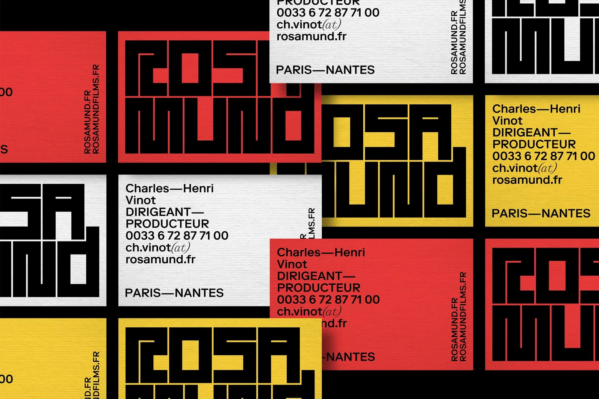 Dynamic layout of business cards for Rosamund Films with contact information, set against alternating red, black, white, and yellow backgrounds.