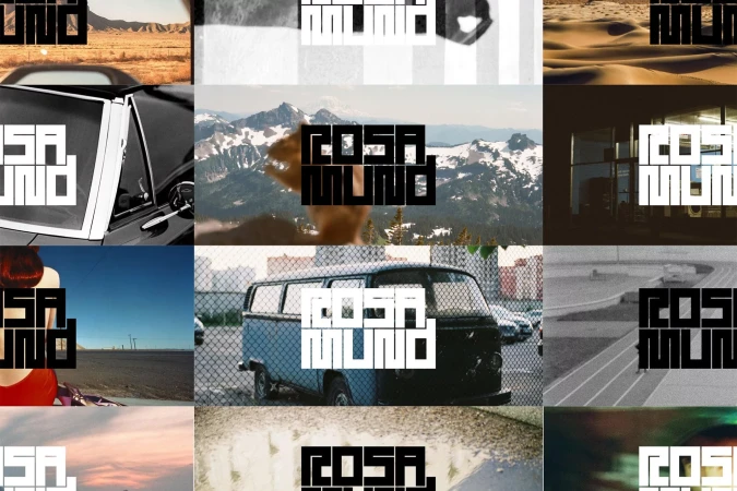 Montage featuring cars, landscapes, and architecture, overlaid with 'ROSA MUND' text in black and white, creating a diverse visual collage.