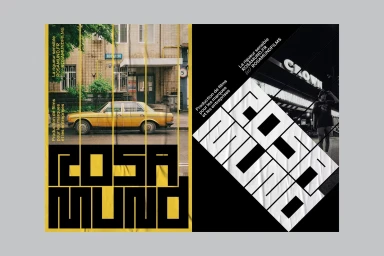 Graphic design brand identity layout for Rosamund featuring bold typography over a yellow street scene and black nightlife scene.