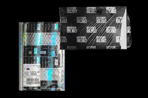 Two branded mailers wrapped in plastic with repeating Rosamund typography against a plain black background
