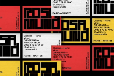 Grid of business cards and stationery for Rosamund featuring bold black typography on red, yellow, and white backgrounds