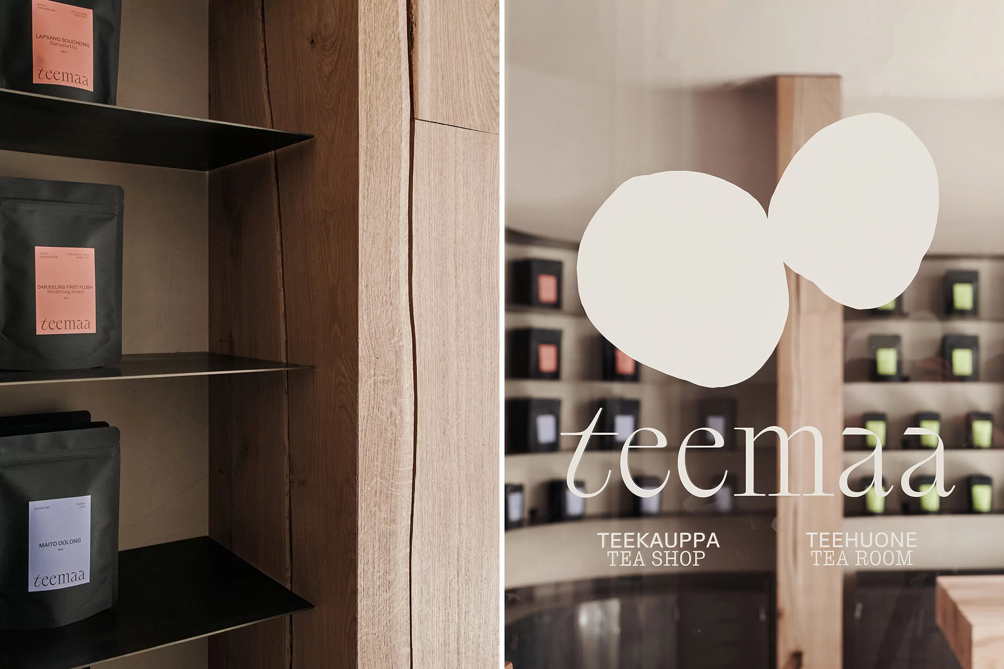 Tea shop interior with shelves stocked with tea packages and a glass door featuring the shop logo and name 'Teema'.