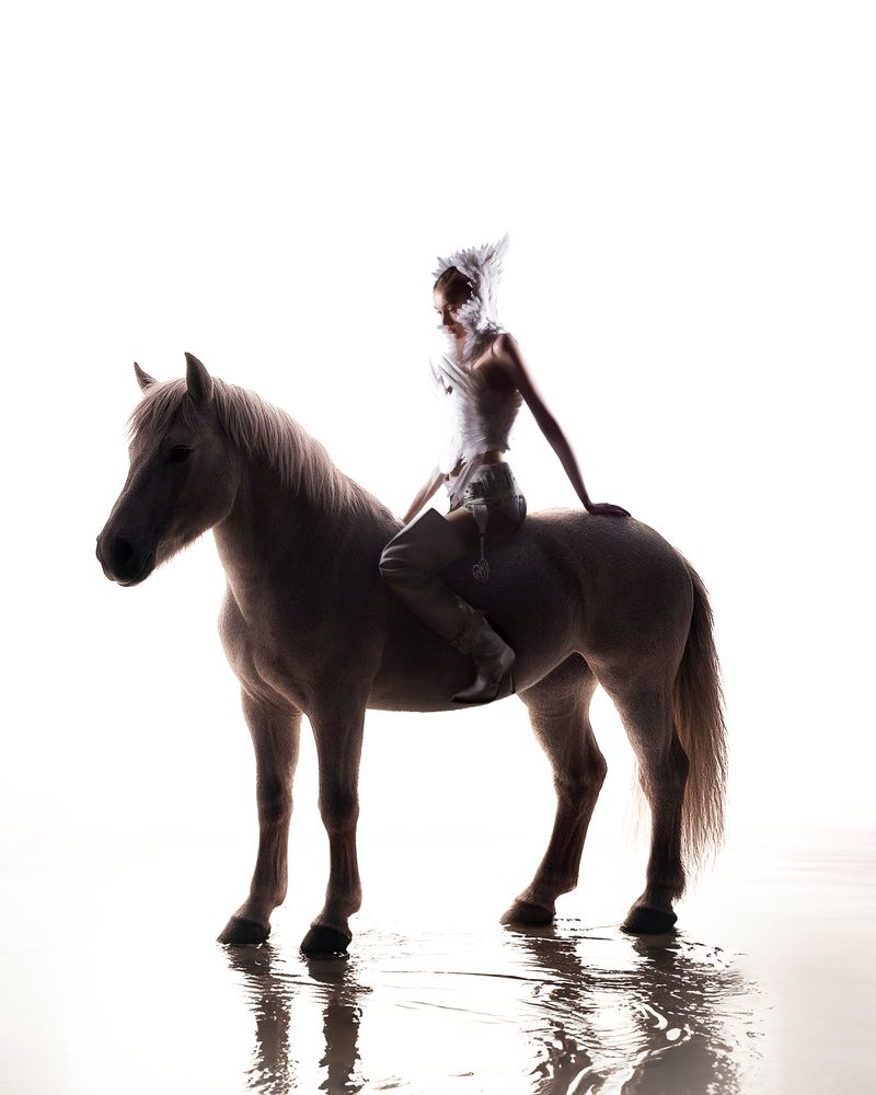 Person in avant-garde costume rides horse standing in shallow water. White background, surreal fashion, conceptual, equine.