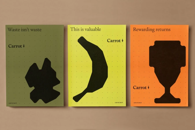 Three graphic design art pieces with the theme of recycling and conservation on light beige backdrop featuring black geometric shapes.