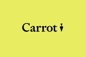 Black serif brand logo with a carrot icon against a solid yellow background