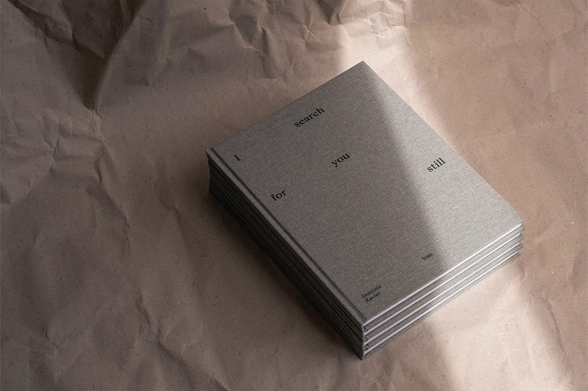 Stack of gray books on a textured brown background with minimal text on the book covers. Book stack displays a modern, minimalist aesthetic.