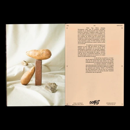 Still life with sweet potatoes balanced on a brick and rocks on a white cloth background, accompanied by text pages.