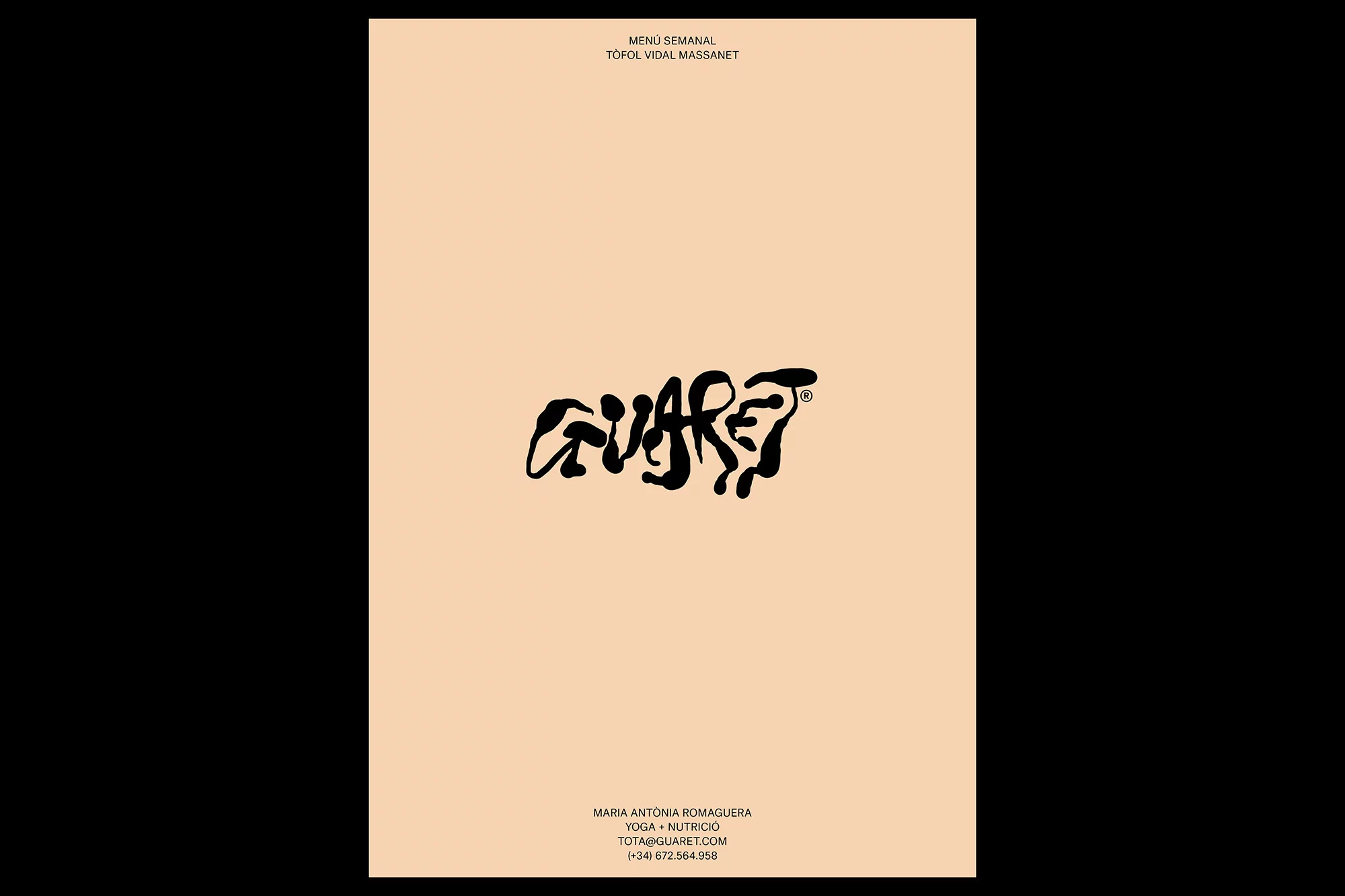 Tan-colored poster with black, fluid text 'Guaret' logo centered; other text includes details like 'Menu Semanal' and contact information.