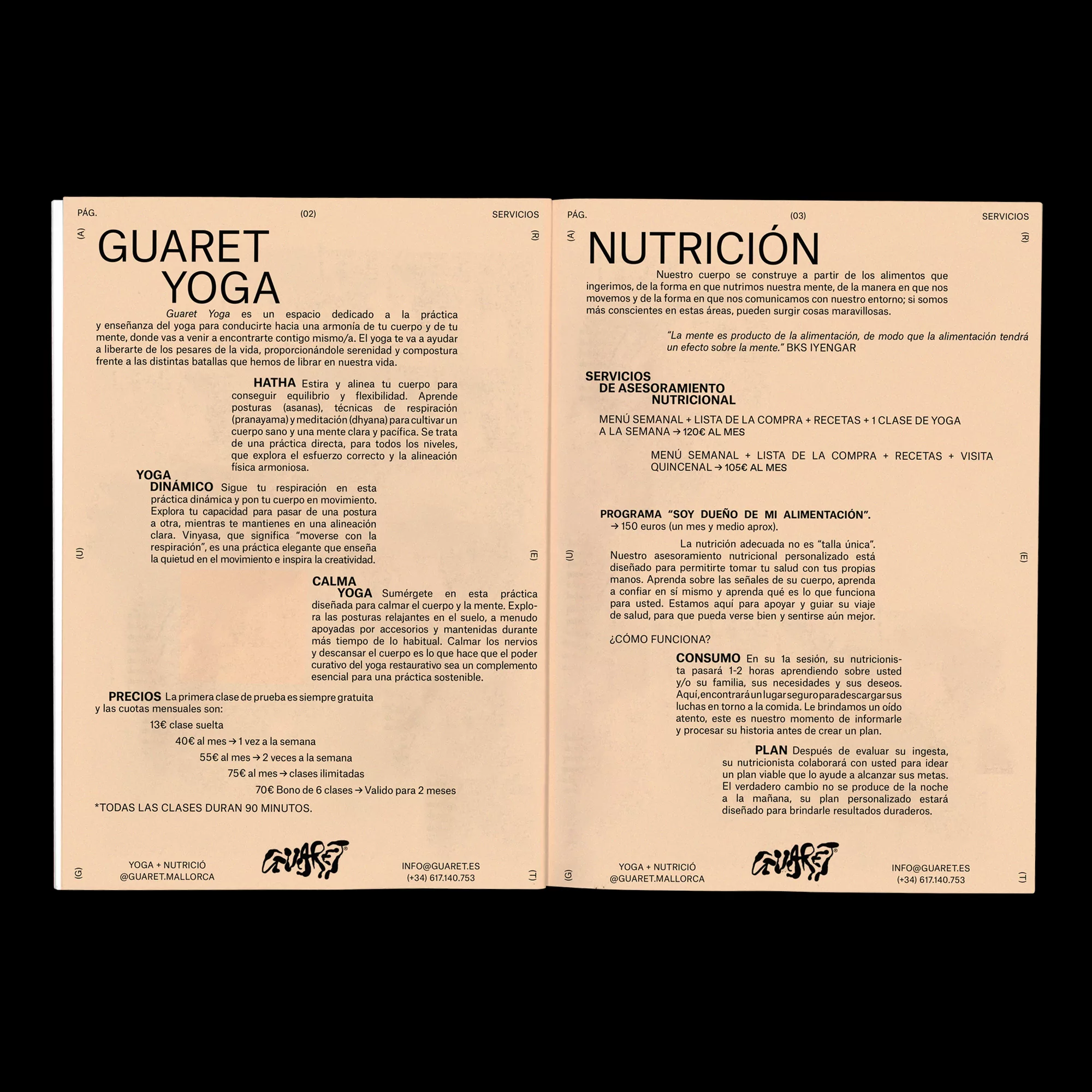 A page spread showcases nutrition and yoga options, with text in Spanish, offering programs and pricing in a peach and black design.
