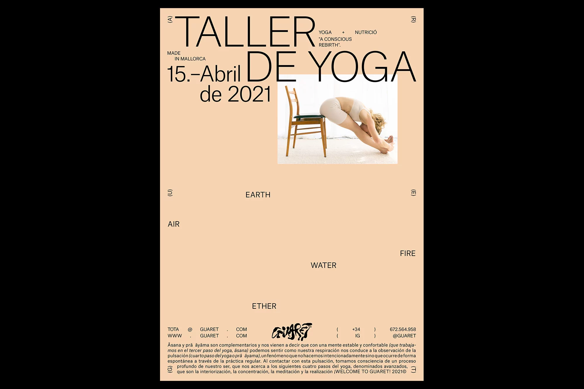 Yoga workshop advertisement in Mallorca, Spain for April 15, 2021. Woman in athletic wear performs yoga pose with chair.