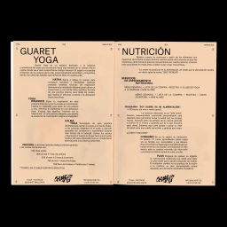 Open brochure pages with beige paper and black typography for Guaret Yoga and Nutrición brand identity.