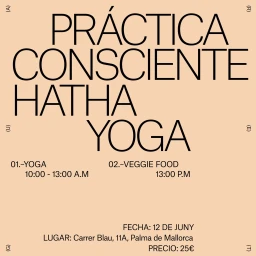 Minimalist graphic poster with bold sans-serif black typography on a warm peach background for a Hatha yoga practice event