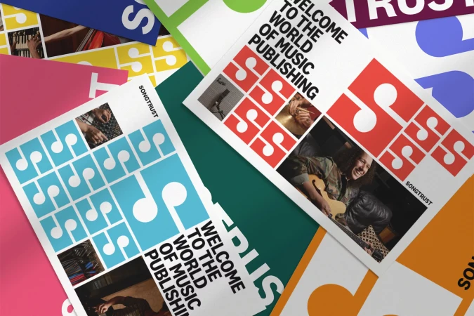 Overlapping promotional flyers for a music publishing company featuring music notes, close up photography of artists performing music.