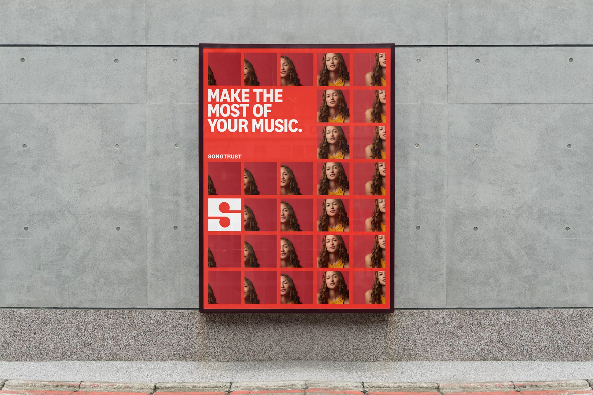 Outdoor promotional poster on a concrete wall, featuring a grid of a young woman's portrait with text that reads, 'Make the most of your music.'
