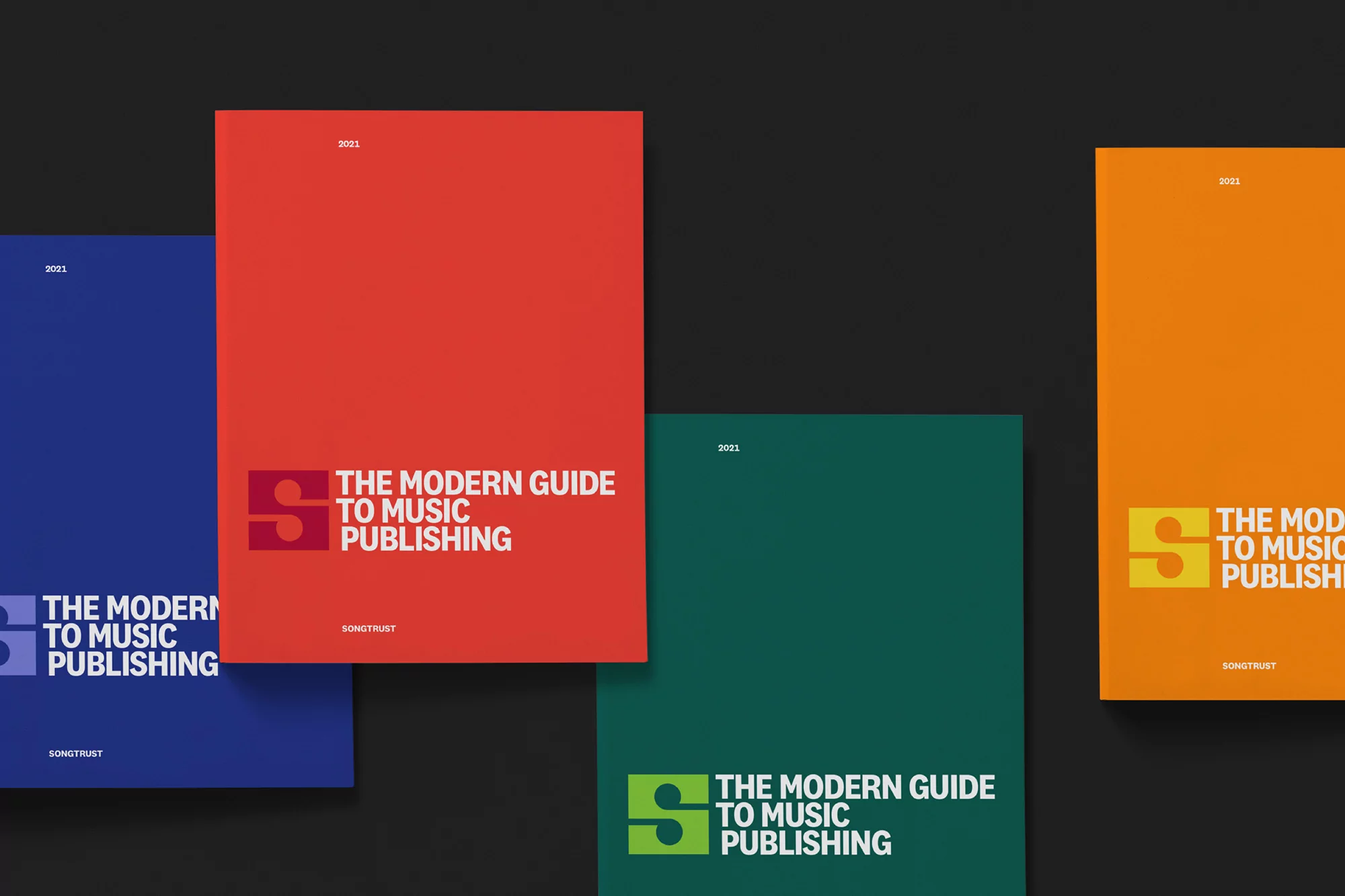 Colorful book covers with 'The Modern Guide to Music Publishing' text against a dark background. Graphic design for music industry.