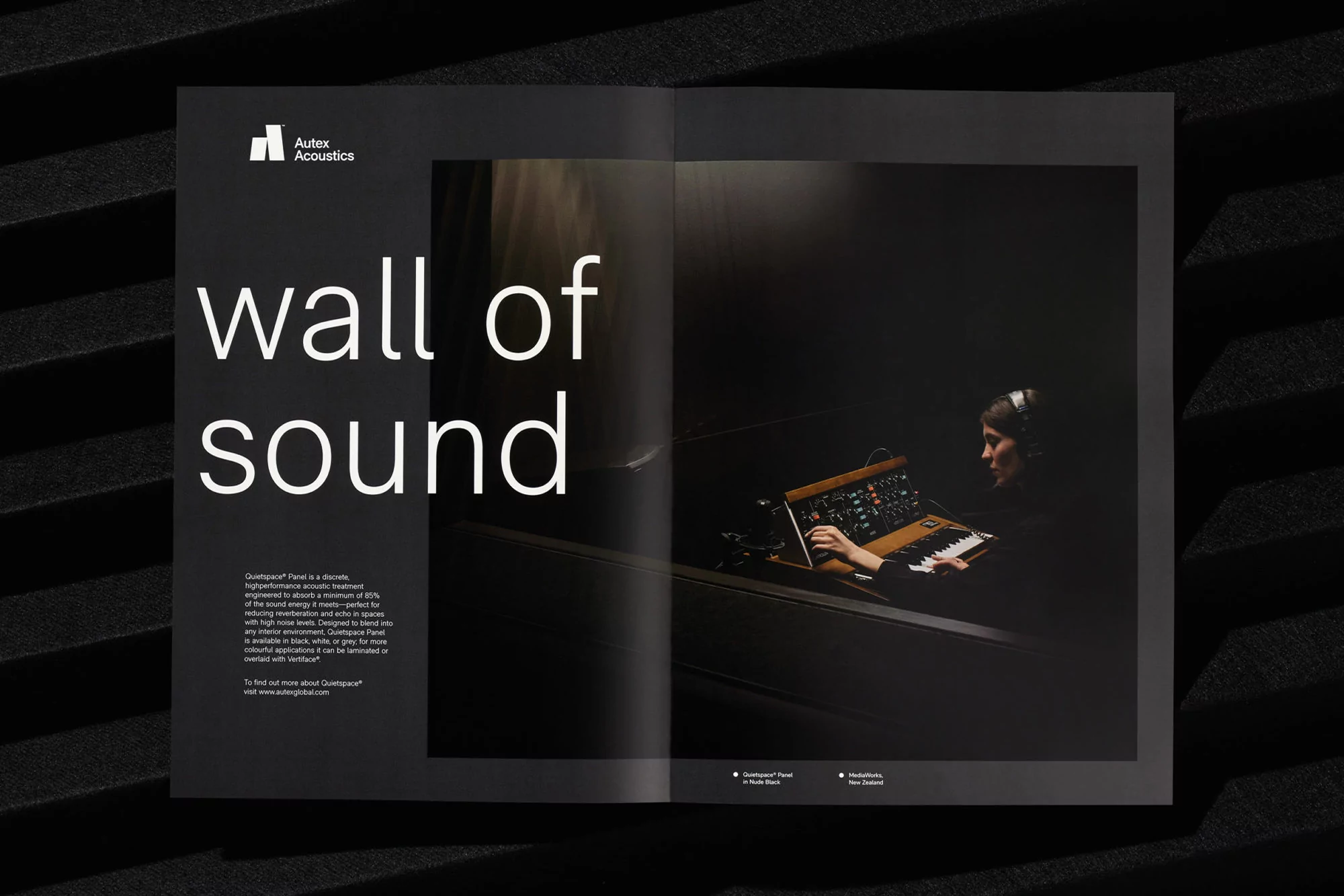 Advertisement features a woman with headphones using a sound mixer, with 'Wall of Sound' text and Autex Acoustics logo.
