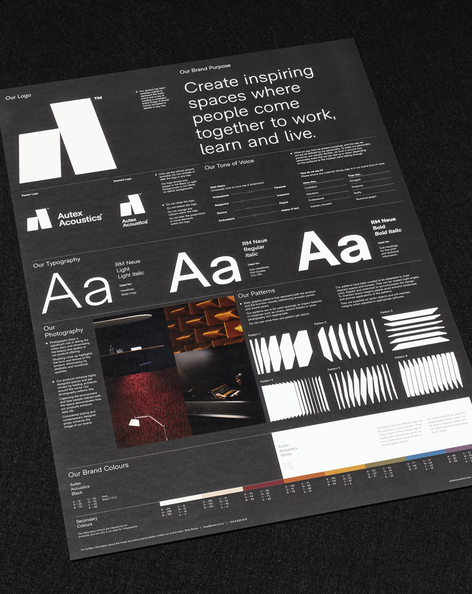 Informational poster featuring typography, color swatches, and brand logos on a dark background. The poster displays design elements.