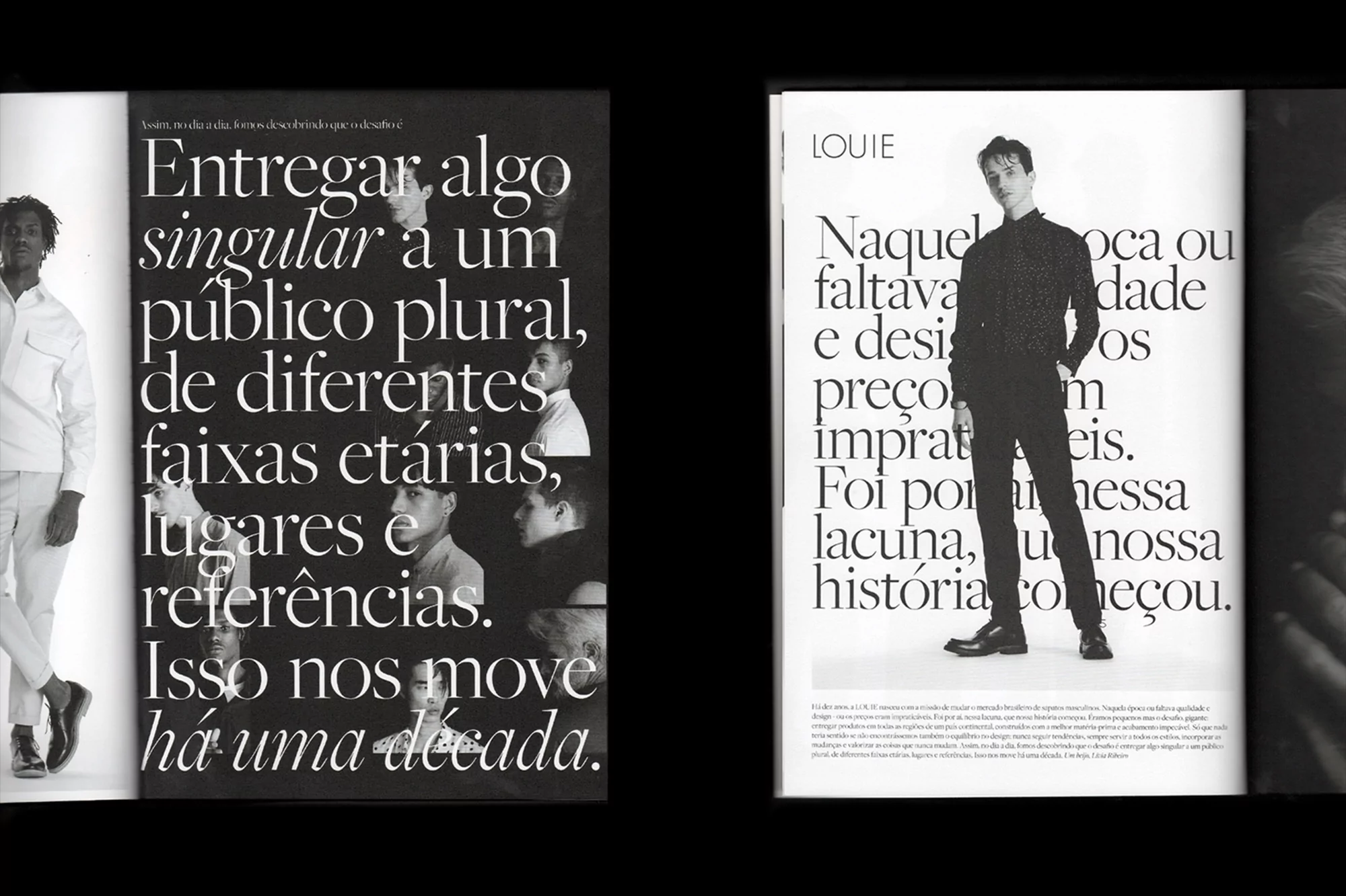 Magazine spread featuring two male fashion models and bold typography in Portuguese, creating a high-contrast, editorial layout.