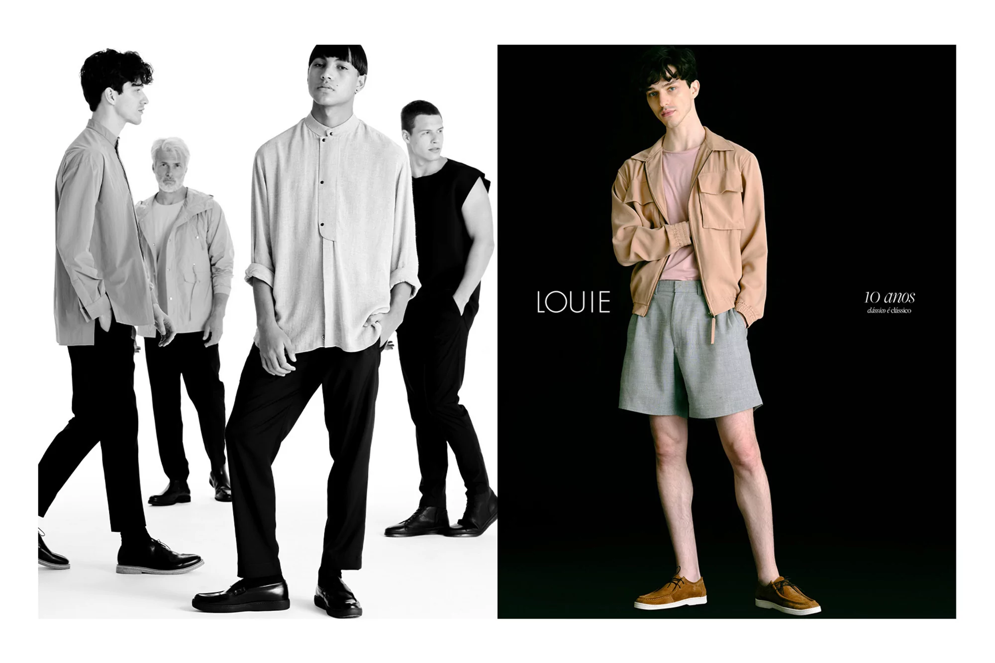 Men's fashion editorial featuring five male models in neutral-toned shirts and black pants against a split white-and-black background.