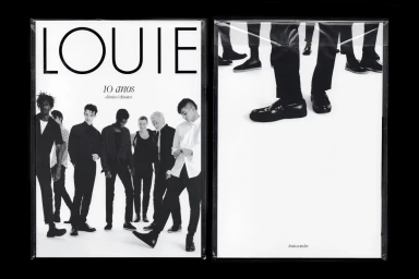 Two black and white printed posters for LOUIE brand identity featuring a group of men and close up of shoes