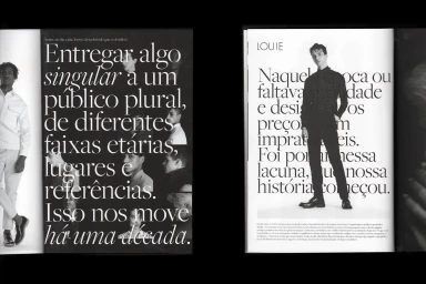 Spread from LOUIE brand identity featuring black-and-white editorial photography and typography by Hick Duarte.