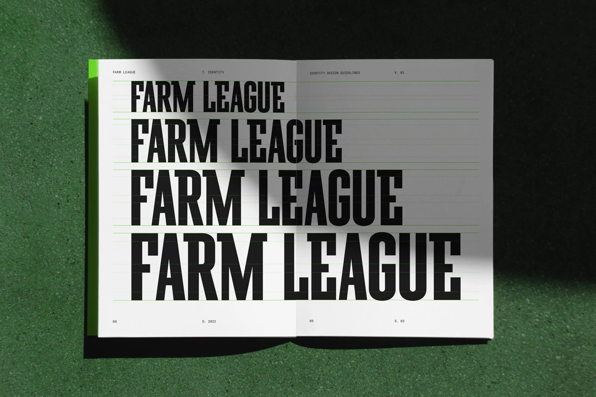 Open book with the words FARM LEAGUE repeated in bold, sans-serif font, contrasting with a green background under natural sunlight.