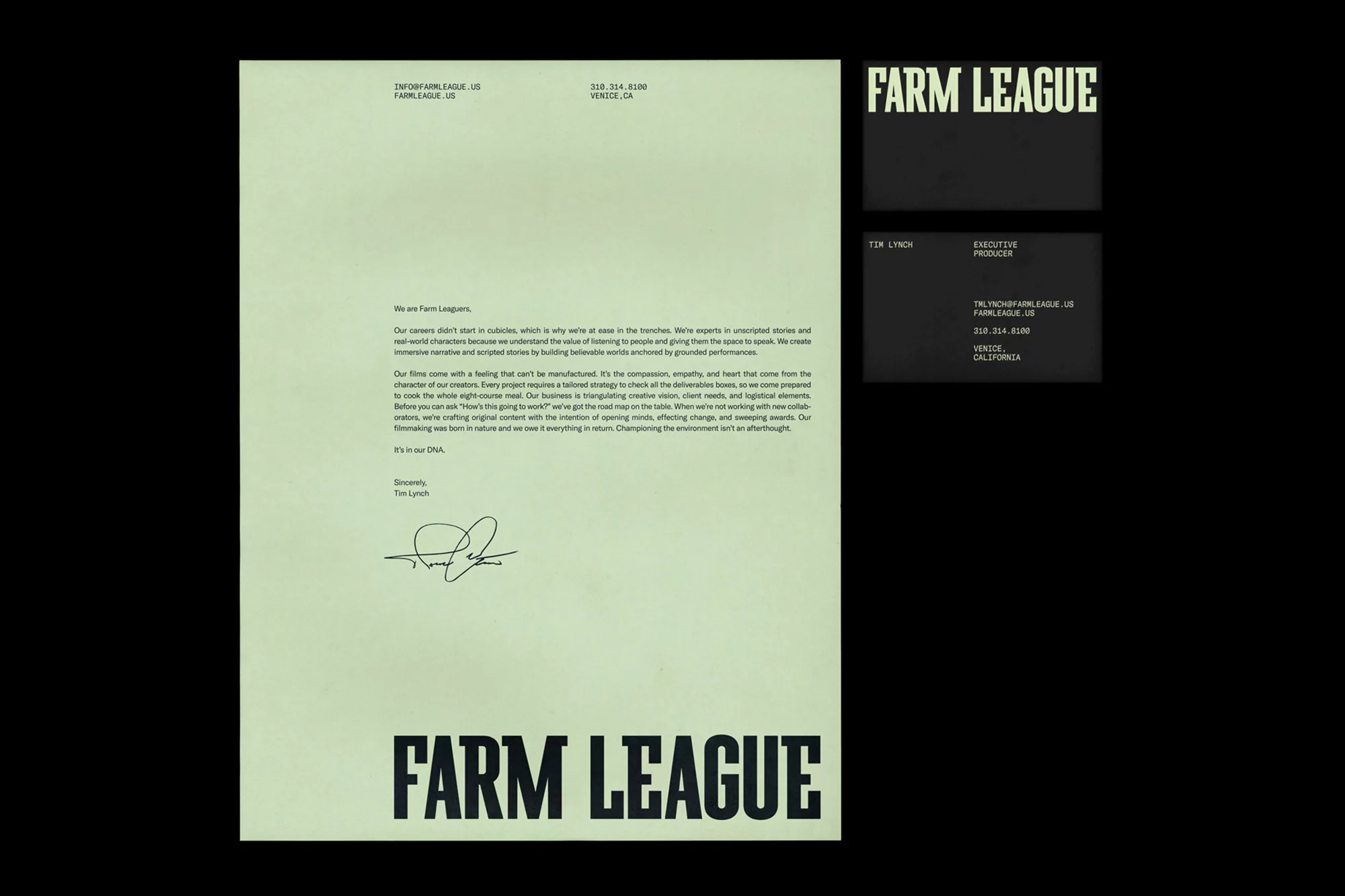 Letterhead and business cards for Farm League. Company name appears prominently in black on an off-white background on both the letter and card.