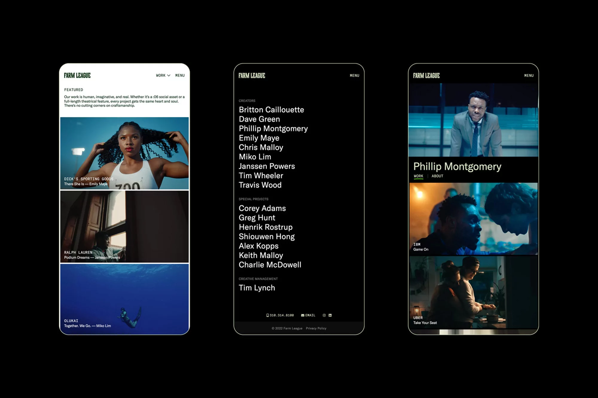 Three smartphone screens displaying the Farm League website, featuring videos and the names of creators, producers, and creative management.