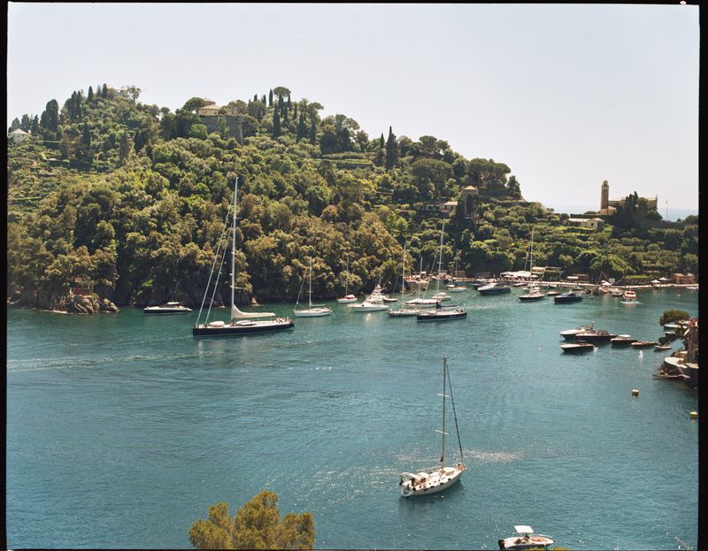 Scenic coastal view of Portofino, Italy, featuring a harbor with multiple yachts and sailboats, lush green hills, and blue sea.
