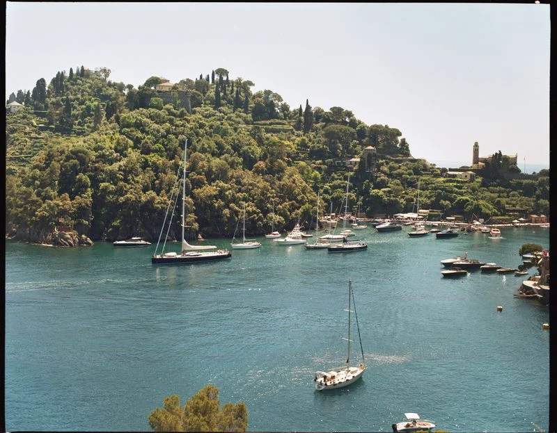 Scenic coastal view of Portofino, Italy, featuring a harbor with multiple yachts and sailboats, lush green hills, and blue sea.