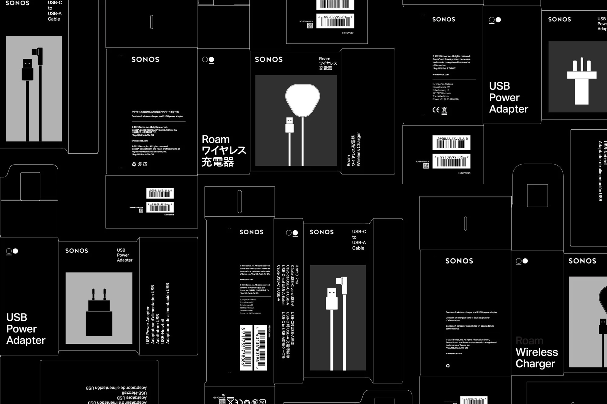 Monochromatic product background featuring Sonos USB power adapters, cables, and wireless chargers in a repeating pattern.