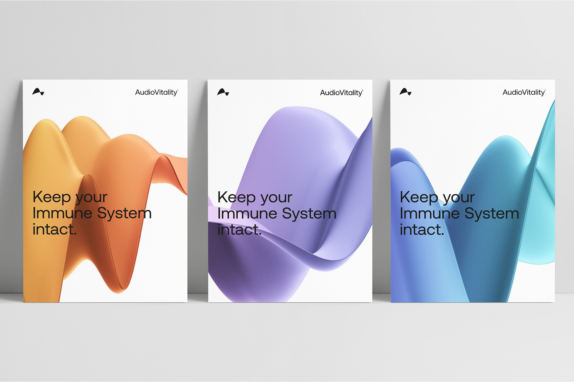 Three posters with abstract wavy shapes in yellow/orange, purple, and blue, against a white background, promoting AudioVitality.