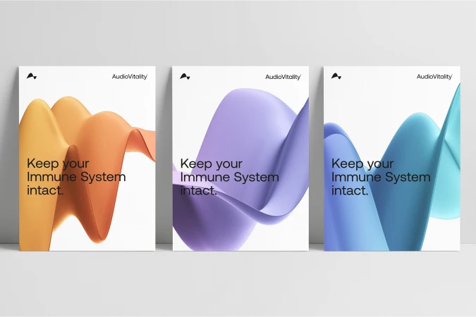 Three vertical brand posters featuring abstract undulating 3D waves in orange, purple, and blue with minimalist typography on white backdrops.
