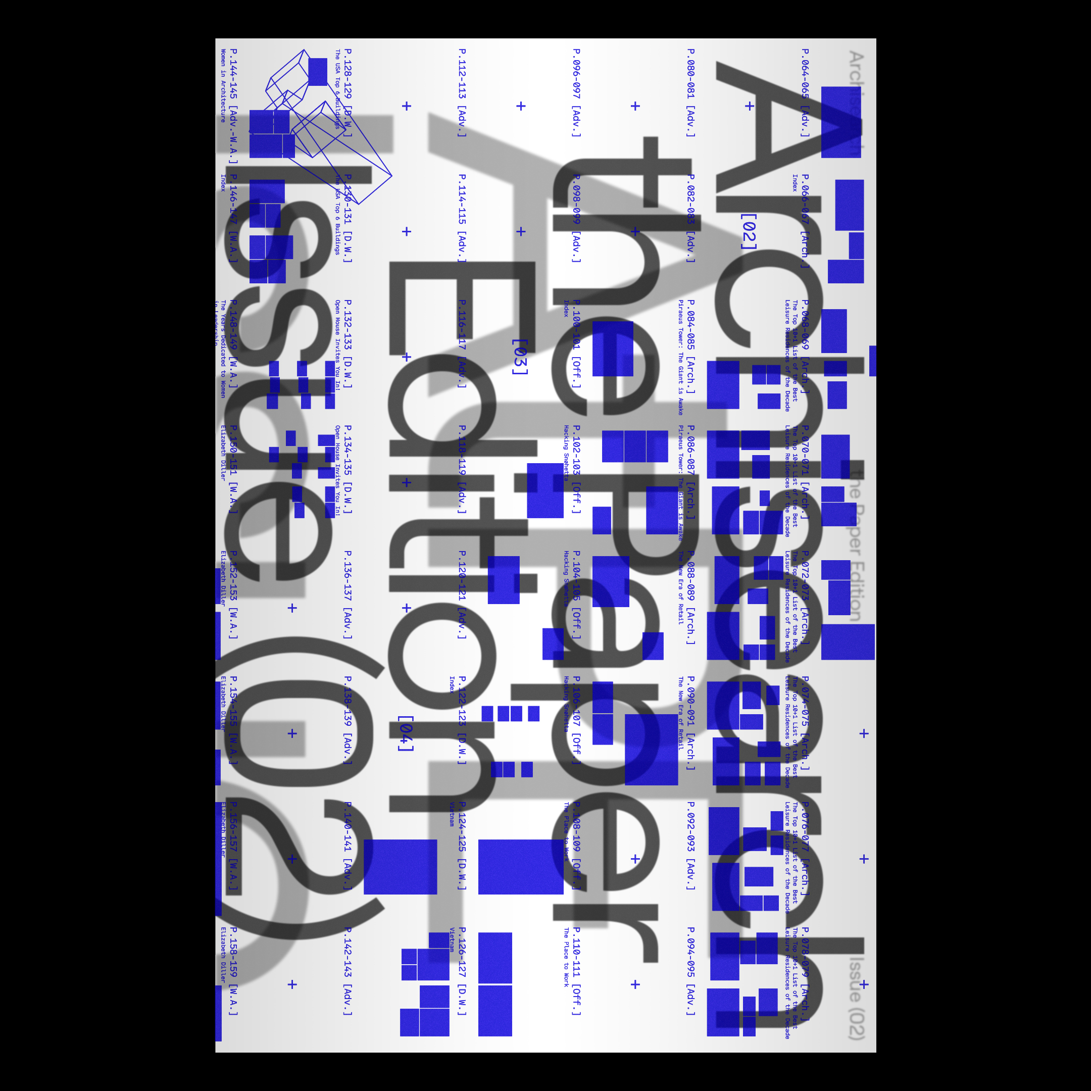Architectural magazine cover featuring a creative, blue typographic design for the Paper Edition issue, blending art and text.