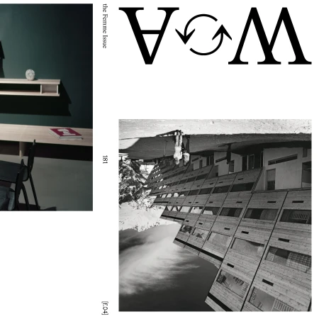 Conceptual image featuring architecture alongside a monochrome interior with a wooden desk and chair against a dark green wall.