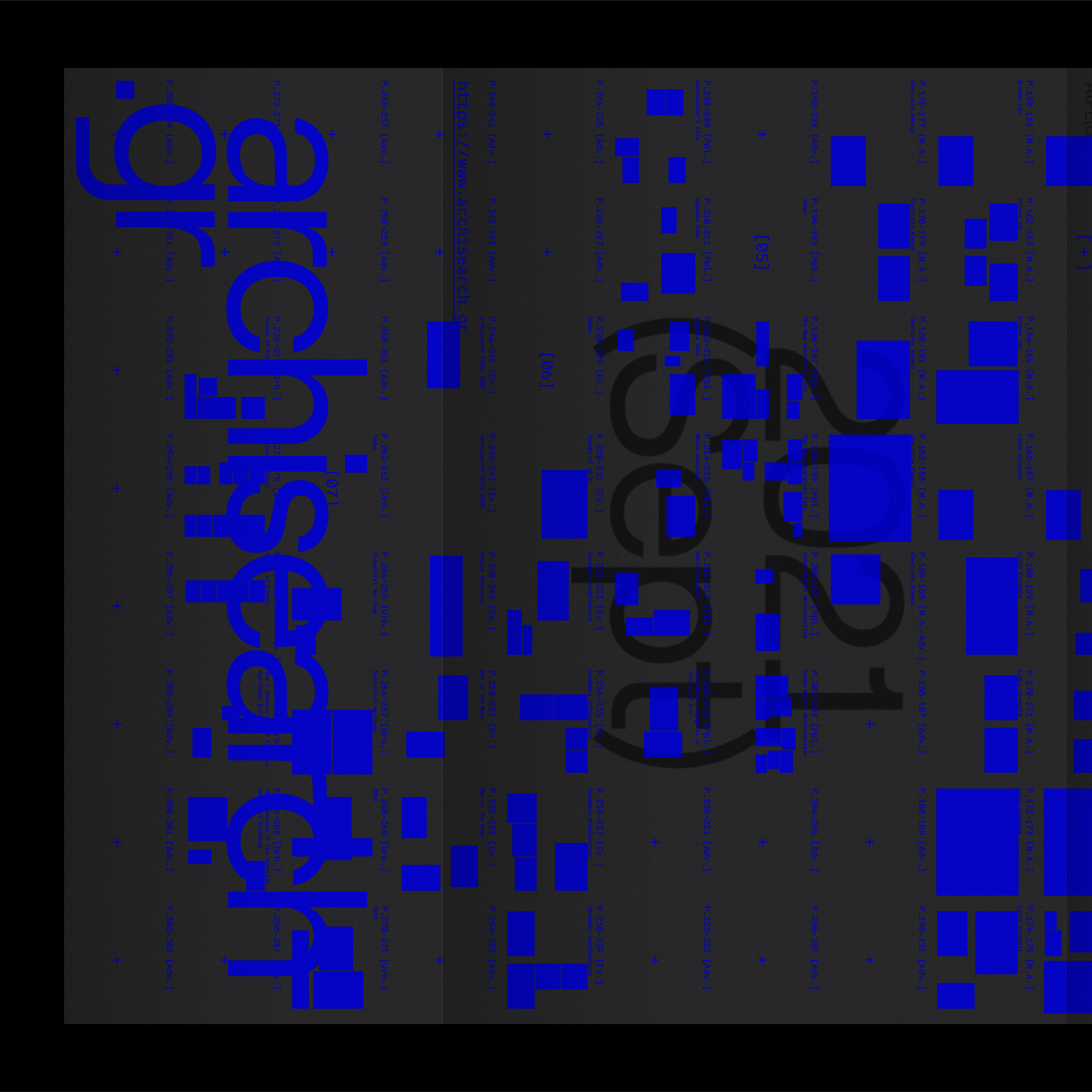 Abstract graphic design with blue text fragments on a grey background, featuring vertical text and scattered geometric shapes.