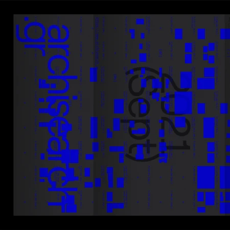 Abstract graphic design with blue text fragments on a grey background, featuring vertical text and scattered geometric shapes.