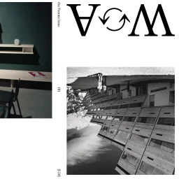 Monochrome editorial layout featuring a large inverted architectural photograph and bold typography for Archisearch brand identity.
