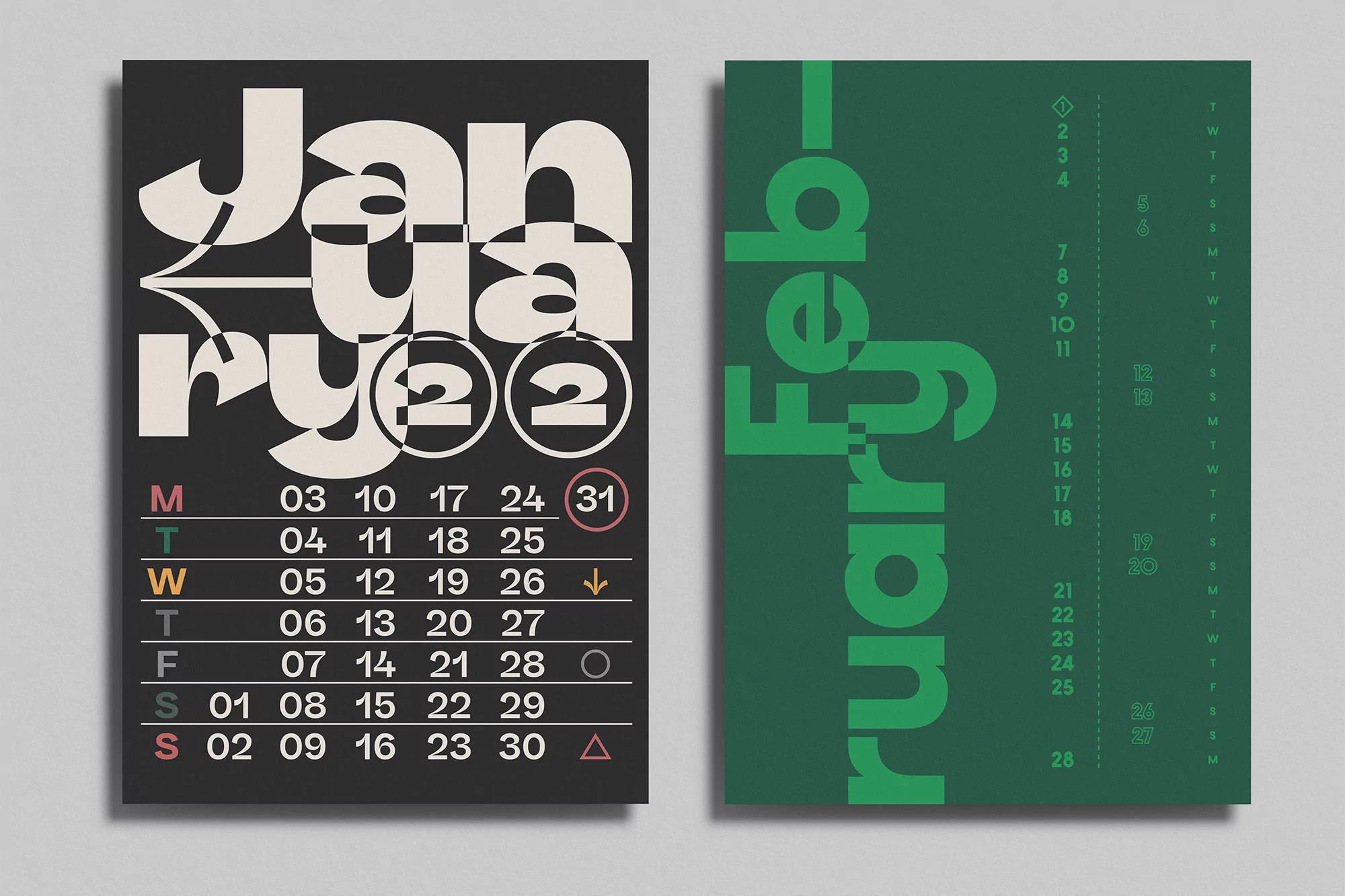 Two pages of a 2022 calendar, featuring January in black and white on the left and February in green on the right.