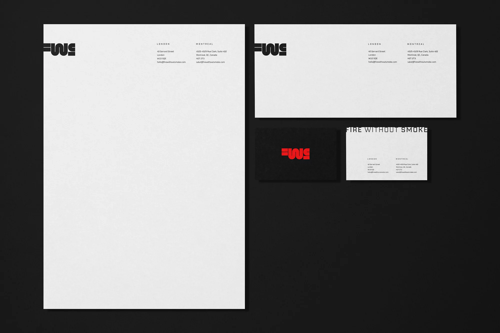 Letterhead, envelope, and business cards on a dark background feature a logo with company contact information for London and Montreal.