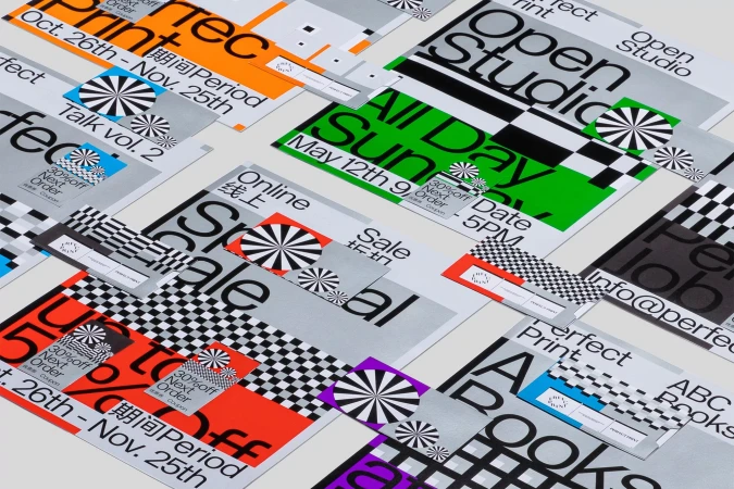 Multiple colorful advertising flyers showcasing typography and geometric designs, ideal for promoting print services and open studio events.