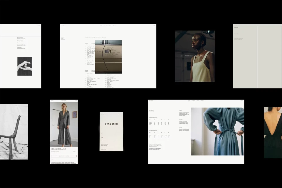 Collage of DYNA OVICH website featuring fashion images of women, clothing details, and interface elements against a black backdrop.