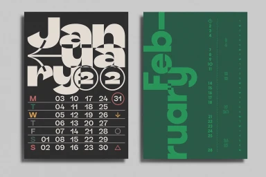 Two calendar design pages displayed side by side featuring large stylized typography for January and February against dark and green backdrops.