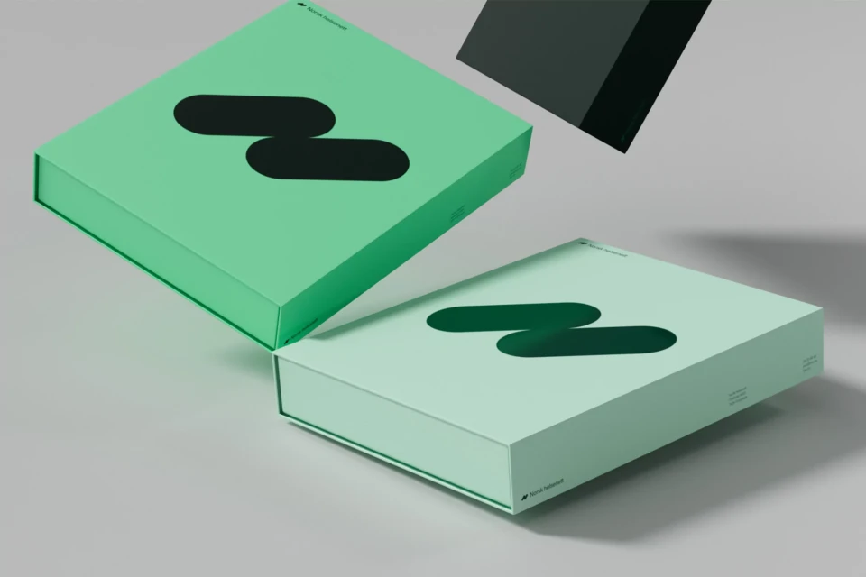 Two light green square boxes with a simple, dark green logo sit on a light gray surface, one box is slightly elevated in the air.