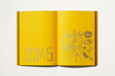 Open yellow book spread with metallic printed numbers on left and graphic icons on right