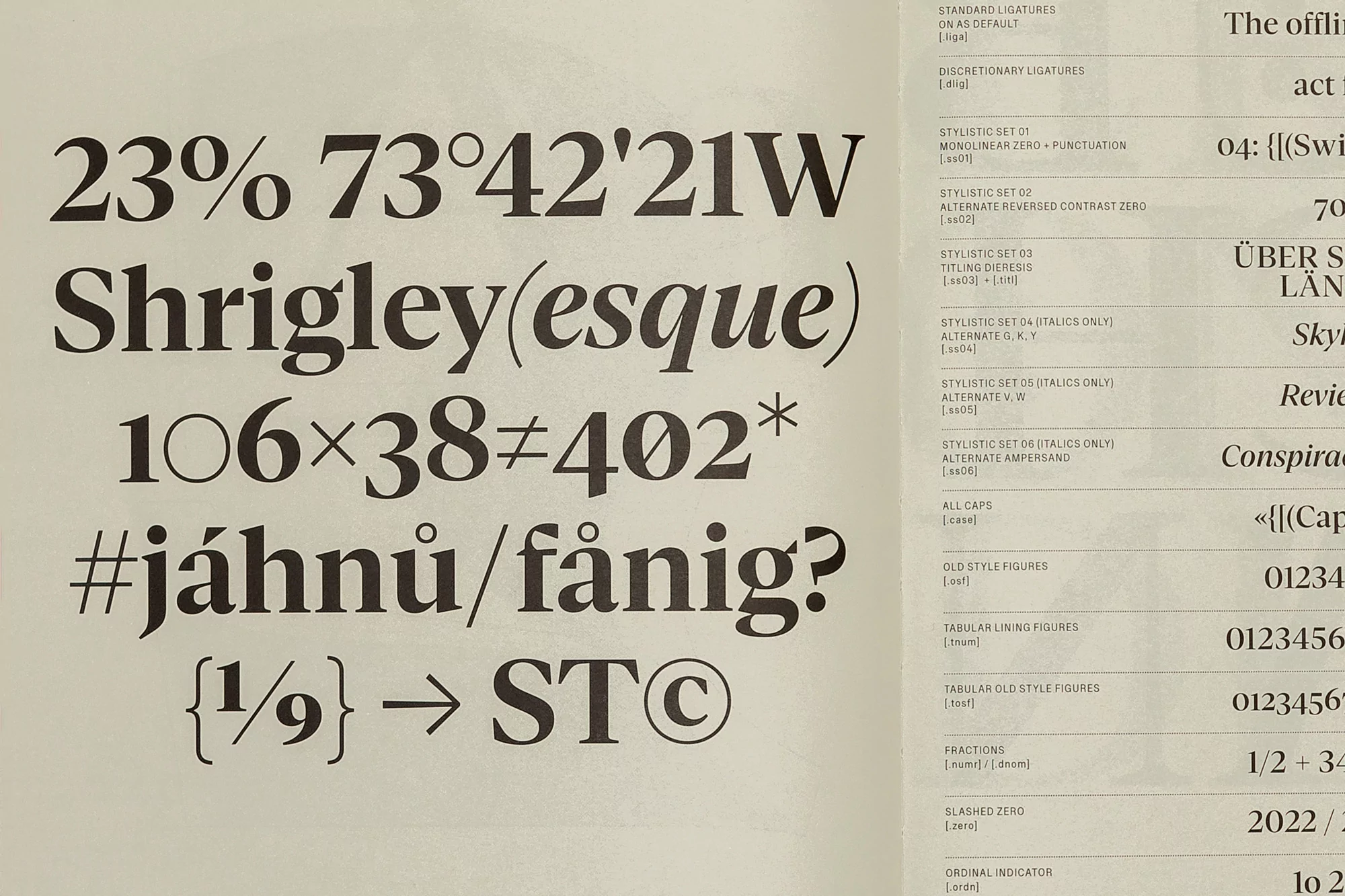 Typography specimen page featuring bold serif letters, numbers, and symbols displayed on paper