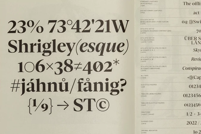 Typography specimen page featuring bold serif letters, numbers, and symbols displayed on paper