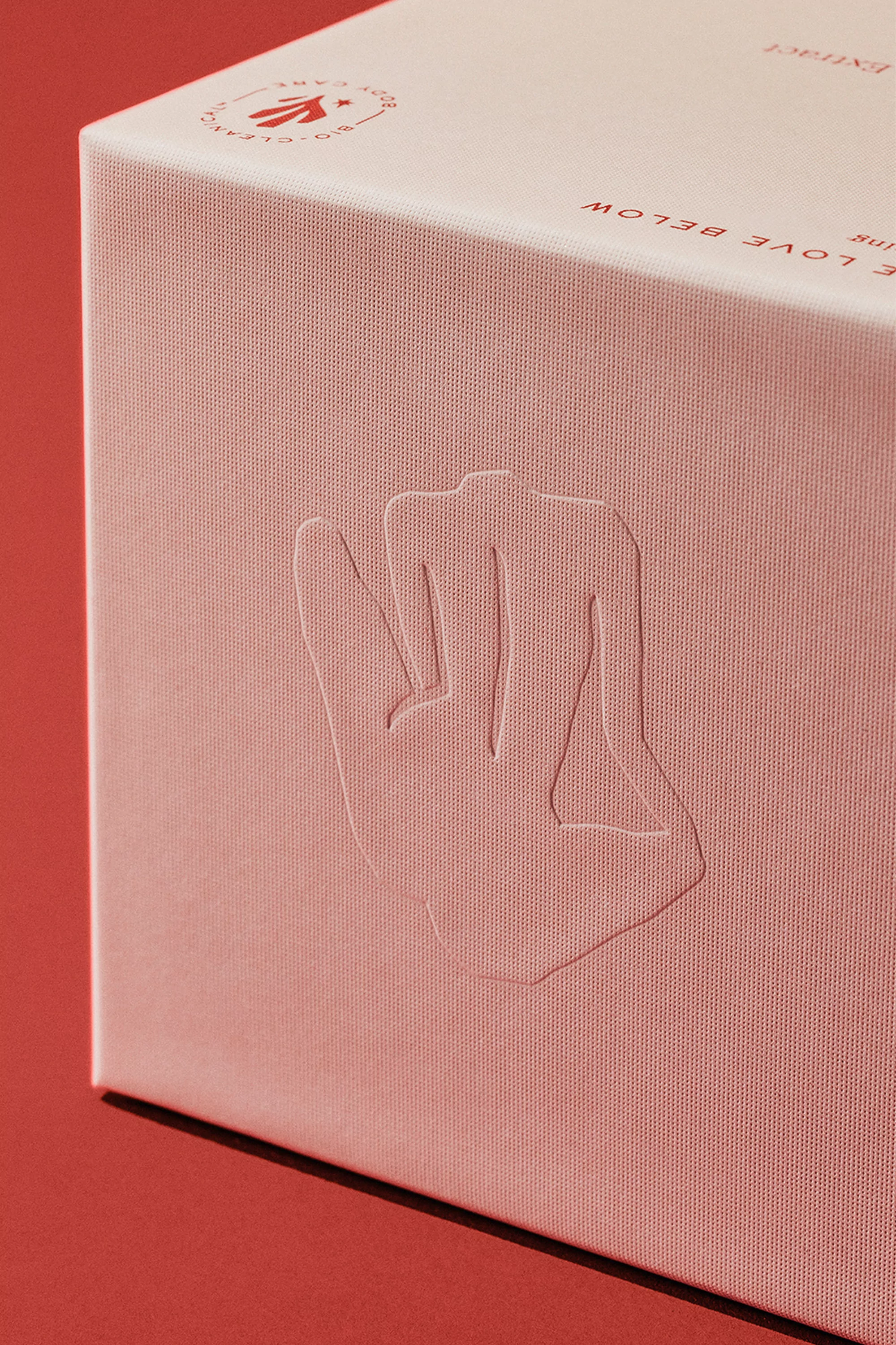 Close-up of a textured light-pink box with an embossed abstract human figure, with a small logo and text, against a red background.