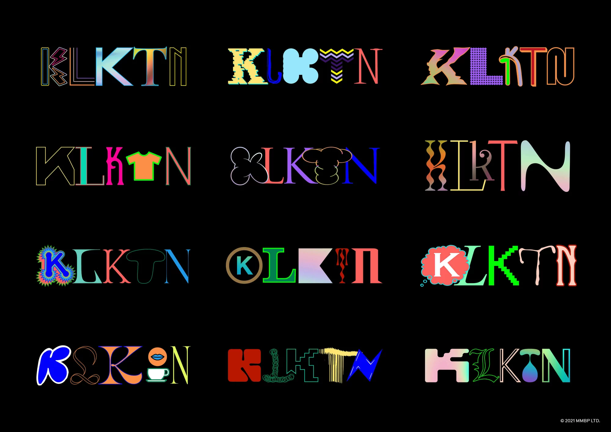Colorful, digital typography art on a black backdrop featuring various letter designs and font styles within multiple rows and columns.